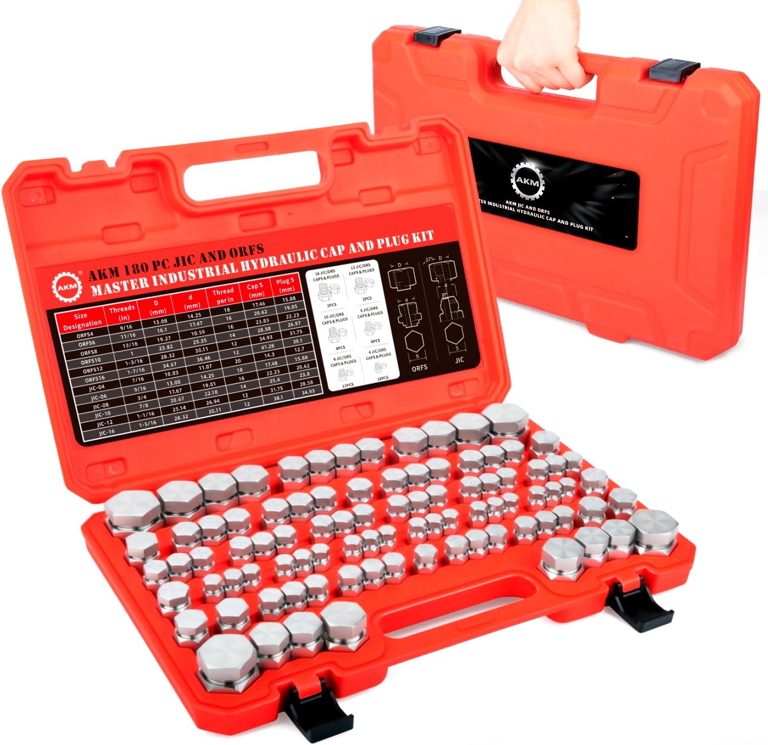AKM 180 PC JIC and ORFS Master Industrial Hydraulic Cap and Plug Hose Tube and Pipe Fitting Kit Cap and Plug Kit Precision Threading in ORFS and 37° Dash Sizes 4 6 8 10 12 16
