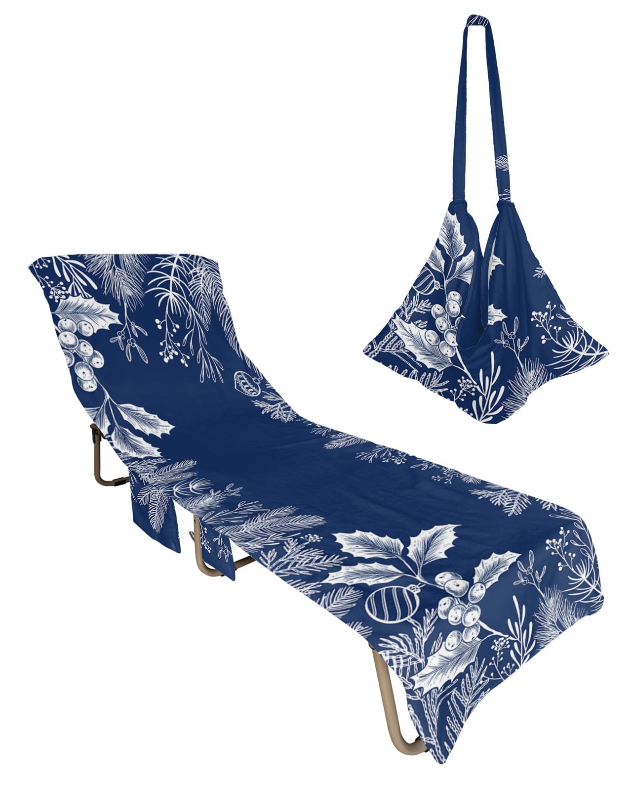 Christmas Navy Beach Chair Towel Covers for Chaise Lounge with Side Pocket, Soft Plush Pool Towels Cover for Patio Sunbathing Outdoor 29''x85'' Blue Forest Pine Tree Branch