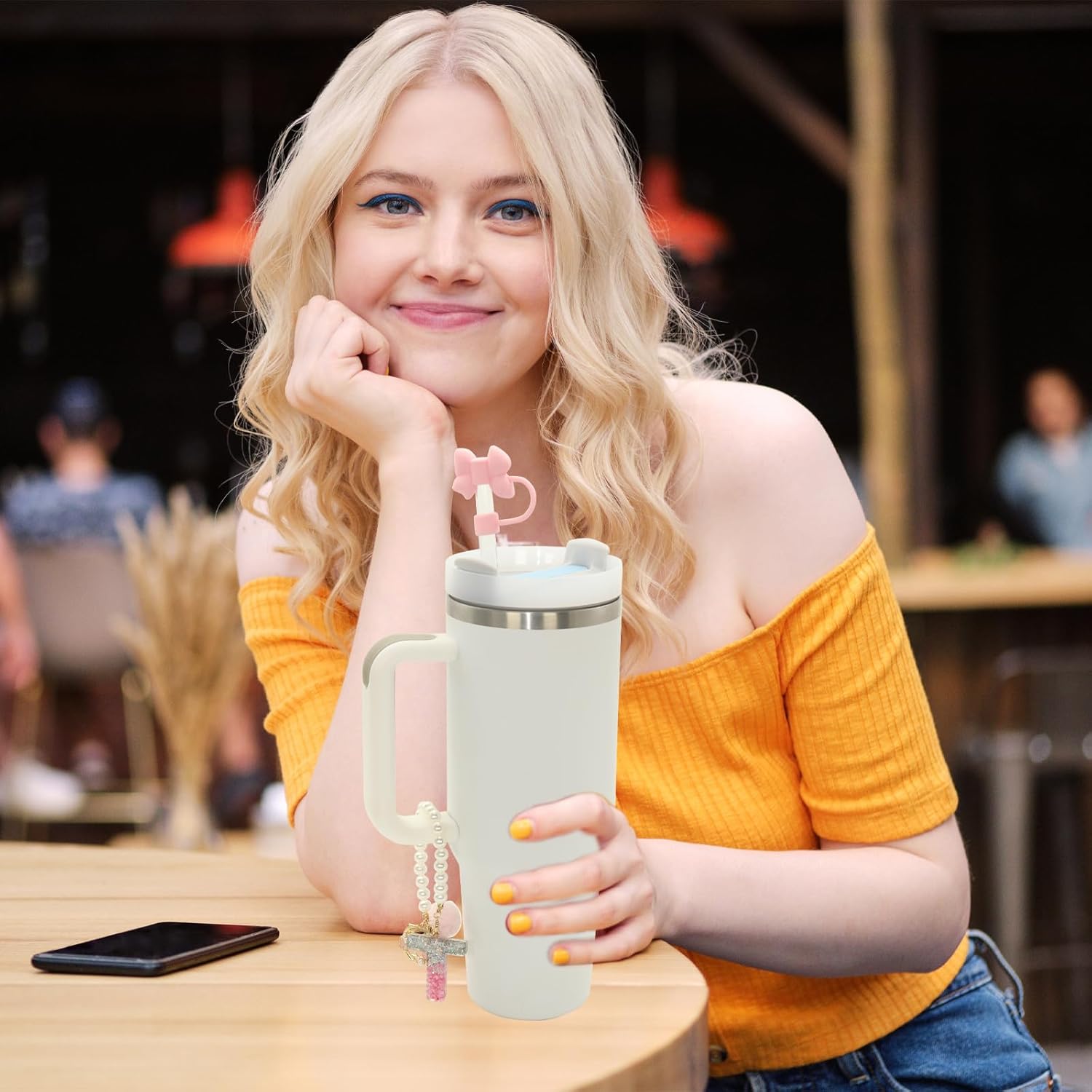 Letter Charm Accessories for Stanley Cup 30&40 Oz with Handle, 3Pcs Cute Initial Letter Charms for Stanley Tumbler with 2Pcs Silicone Straw Toppers, Personalized Pearl Chain Decor for Women Girls (D)