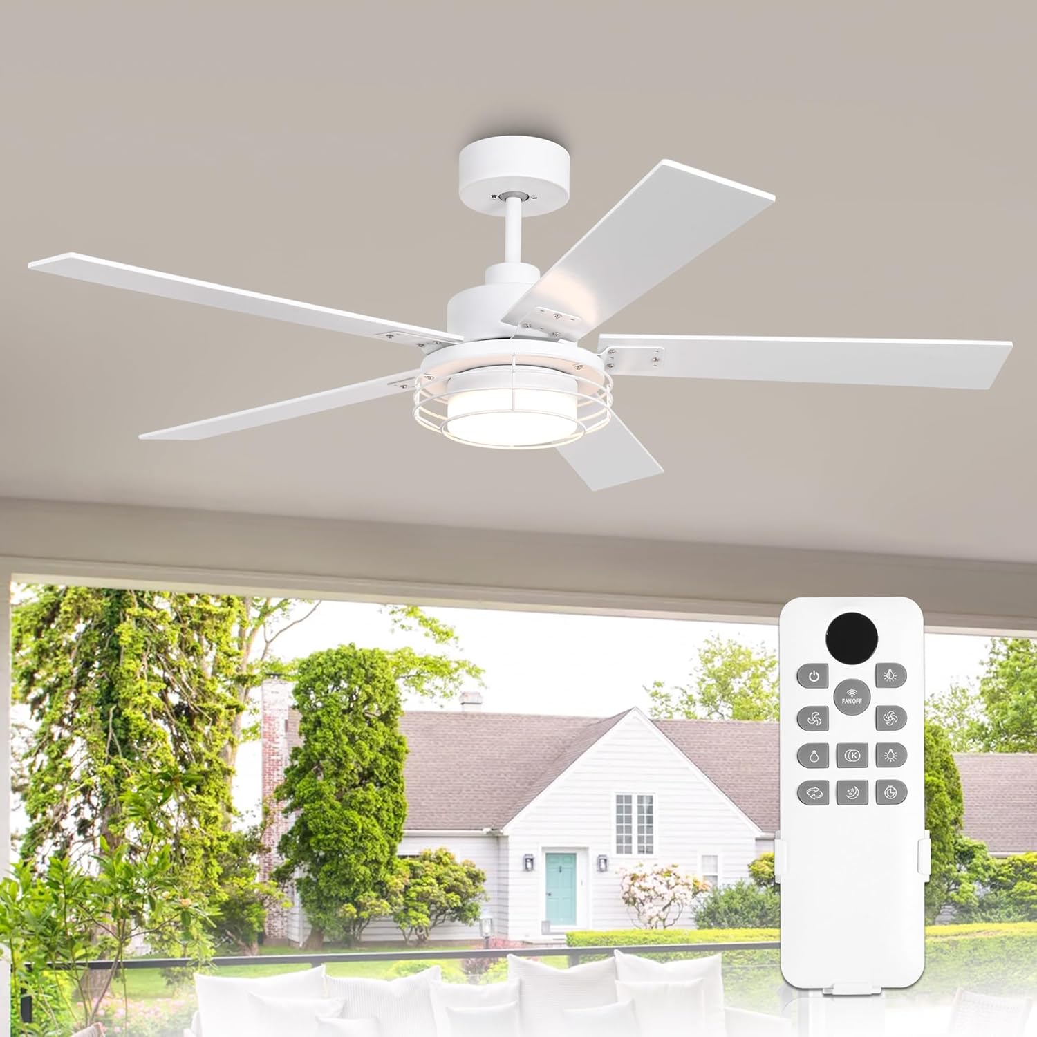 Ceiling fans with Lights and Remote 52 Inch Industrial Ceiling Fan for Bedroom Living Room Patios, Farmhouse Chandelier Fans Outdoor/Indoor, 6 Speeds, Reversible DC Motor, Dimmable, White