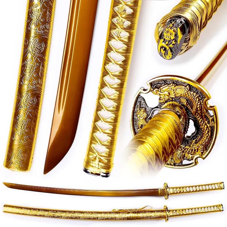 Miniatura 2 de Katana de dragón de oro hecha a mano de acero de alto carbono, espada samurái japonesa de espiga completa, espada realmente afilada lista