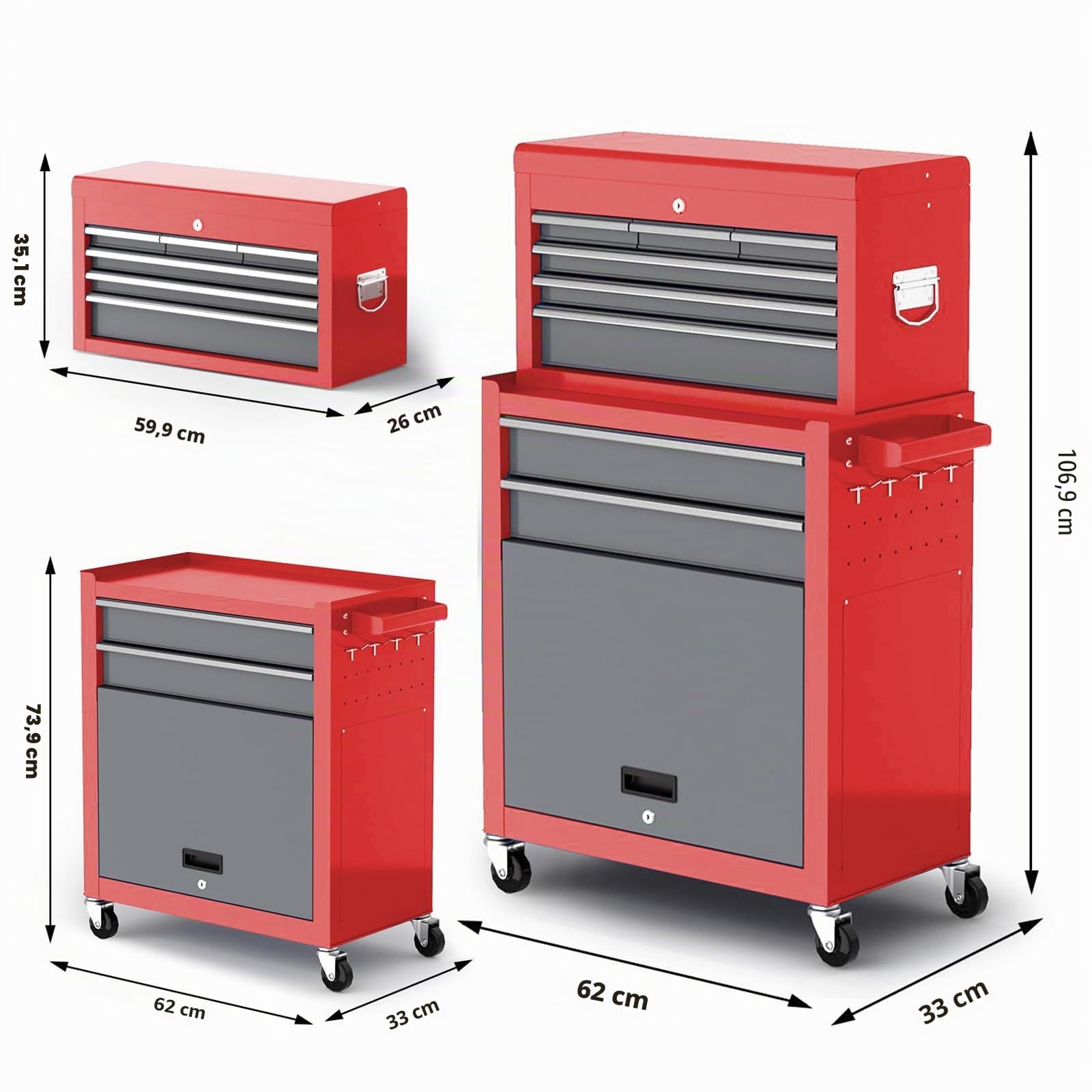 Carrello Porta Attrezzi con Otto Cassetti,Carrello Officina Grande da 42 Pollici con Ruote,Cassetta Portautensili in Metallo Superiore Rimovibile,Garage, Armadietti di Stoccaggio del Magazzino,Rosso