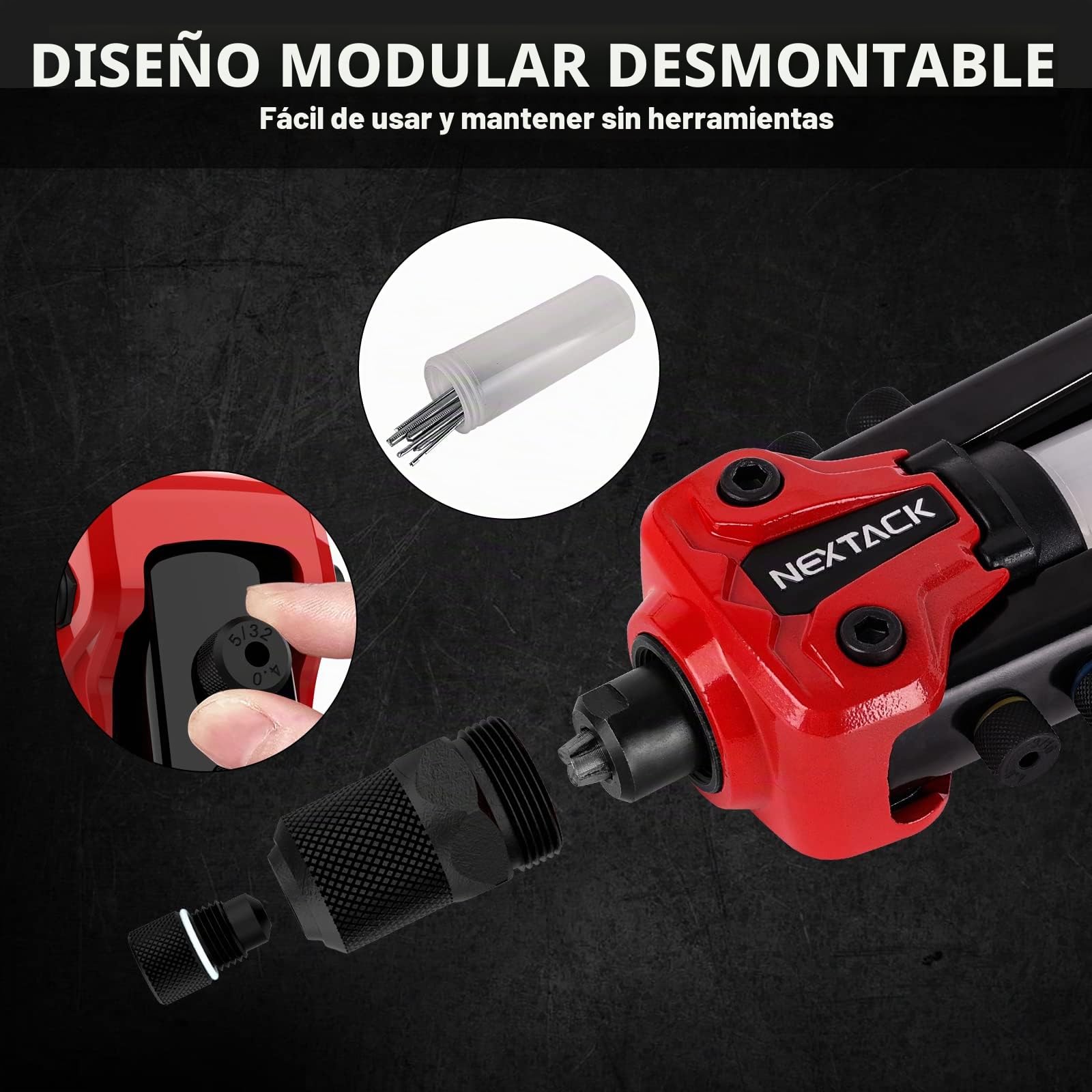 NEXTACK Pistola de Remache Pop de 13 Pulgadas con Kit de 350 Remaches Surtidos, Herramienta Remachadora Manual Resistente de 1/4 Pulgadas de Capacidad con contenedor Desmontable y 5 boquillas para