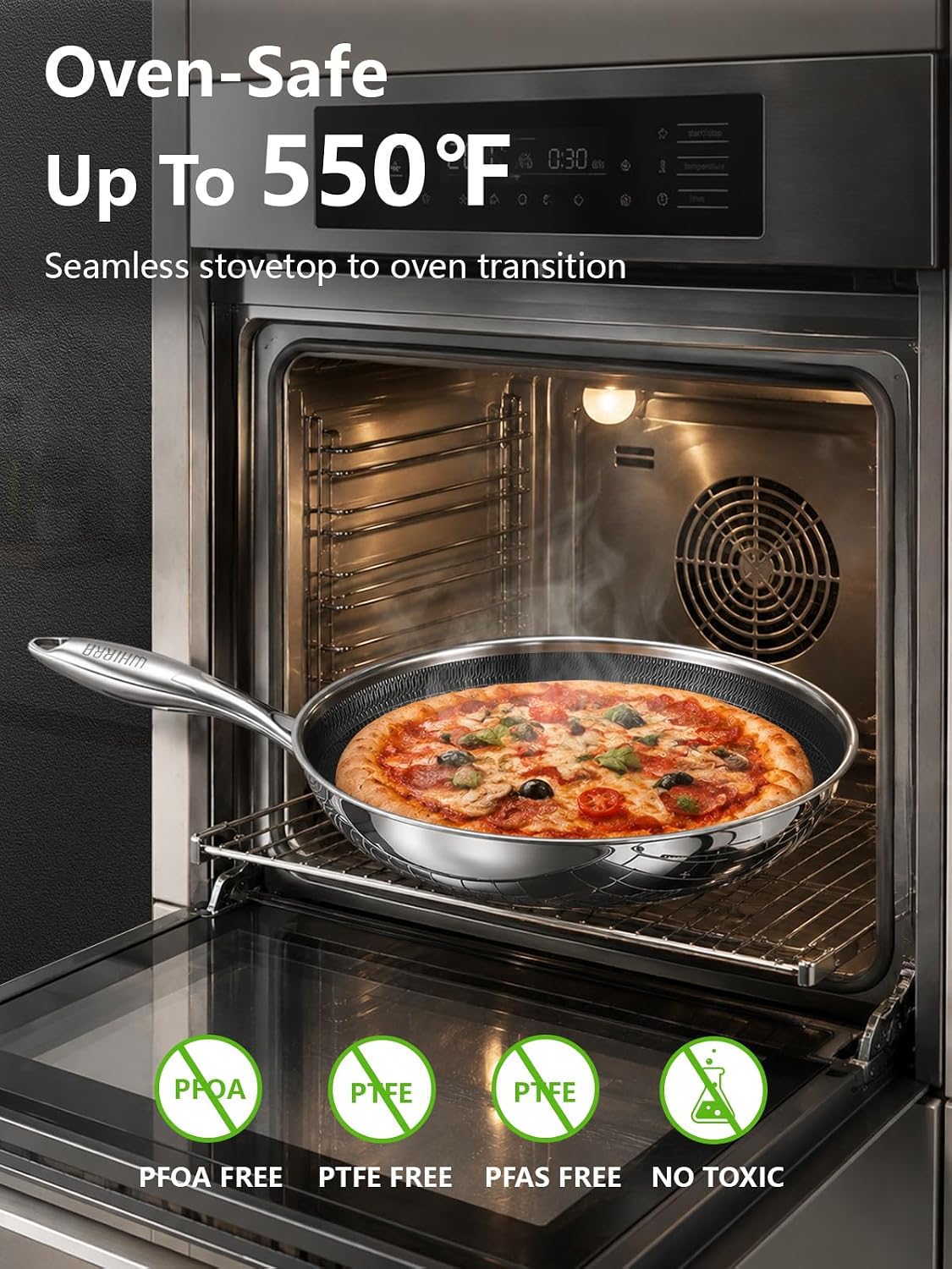 12" Hybrid Nonstick Frying Pan with Lid,Stainless Steel, PFAS-Free