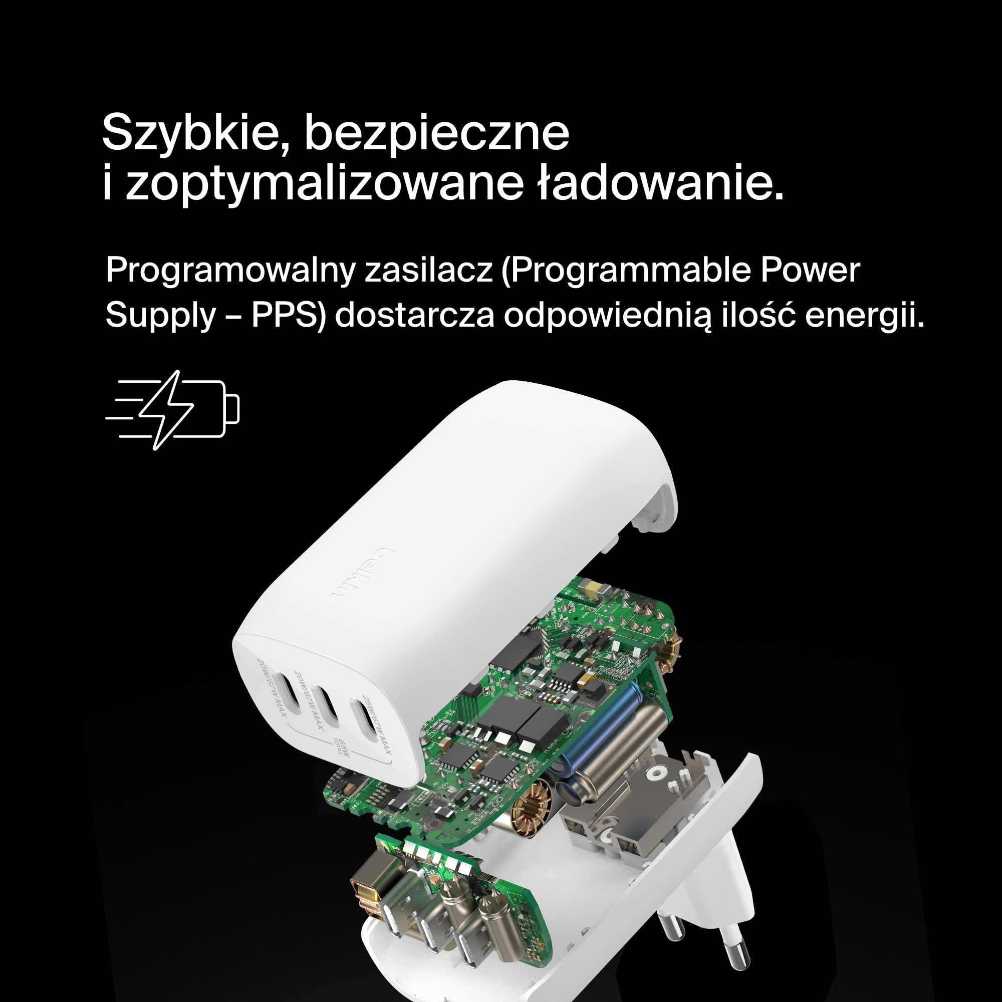 Belkin BoostCharge 3-portowa ładowarka sieciowa USB-C z PPS 67 W, USB-C PD 3.1 do szybkiego ładowania urządzeń iPhone serii 15, MacBook Pro, AirPods, Galaxy i innych z obsługą PD – kolor biały
