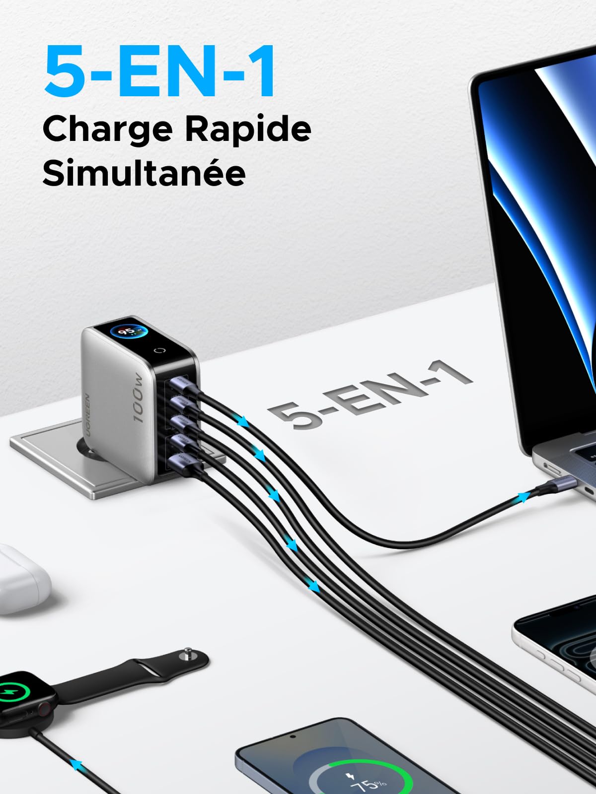 UGREEN Nexode Pro 100W Chargeur USB C Rapide 5 Ports avec Écran TFT GaN II Tech Compatible avec iPhone 17 Pro Max Air 16 15 14 13 12 Galaxy S26 S25 S24 Pixel 10 9 iPad MacBook Neo Air M5 M4 M3 M2 M1