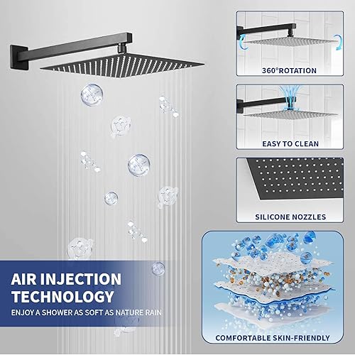 Miniatura 3 de BWE Grifo de ducha negro de 10 pulgadas, cuadrado de lujo, sistema de ducha mezclador de lluvia, juego completo de 2 funciones, equilibrio