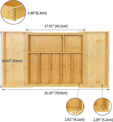 Miniatura 3 de Utoplike Organizador de cajones de cocina extra grande, soporte de cajón de bambú expandible para utensilios, cubiertos, bandeja de cubiertos de 7 a