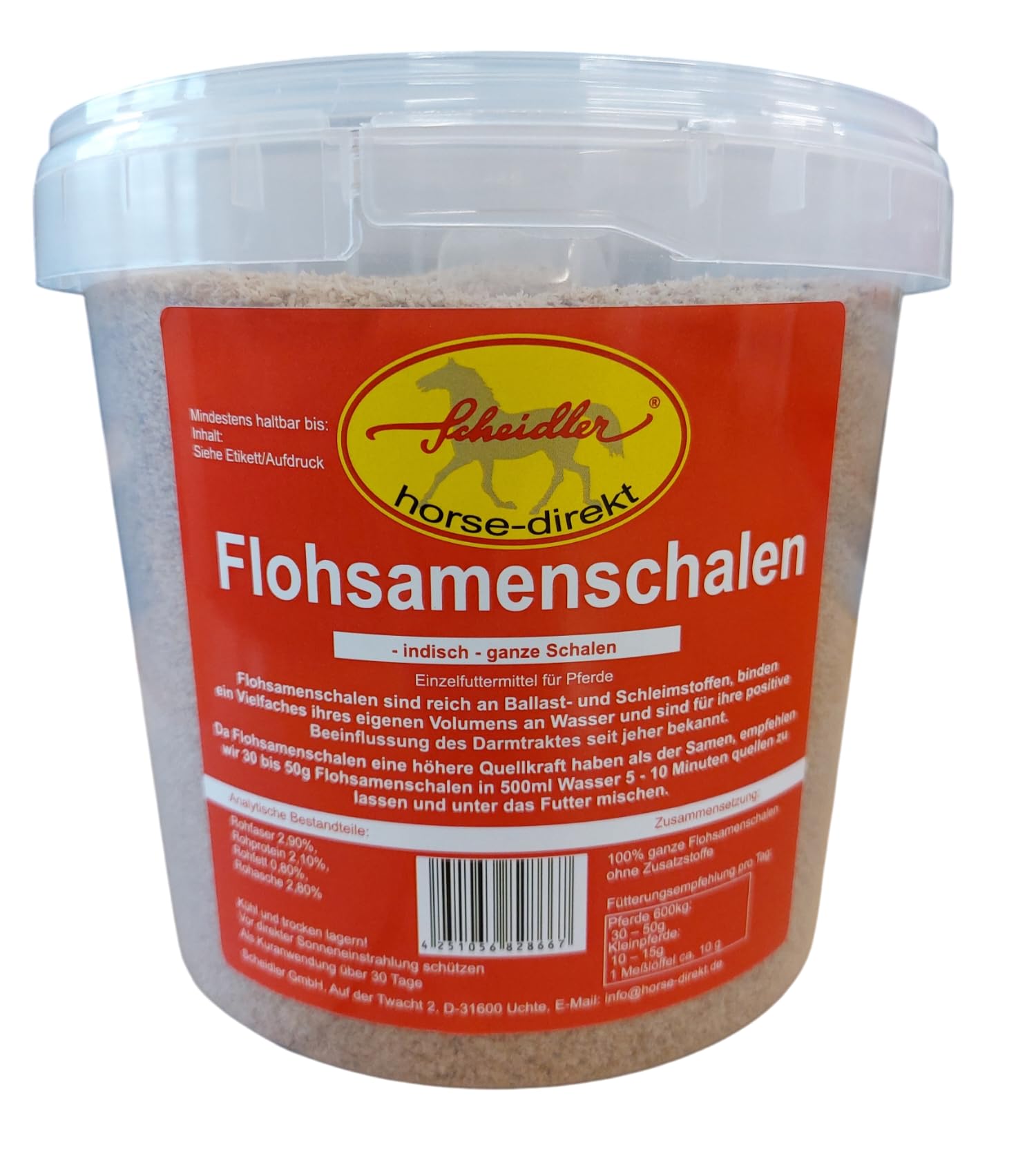 Scheidler horse-direkt 1 kg Eimer Flohsamenschalen indisch, ganz für Pferde, Ponys – Einzelfuttermittel mit viel Ballaststoffen und Schleimstoffen – inkl. Messlöffel