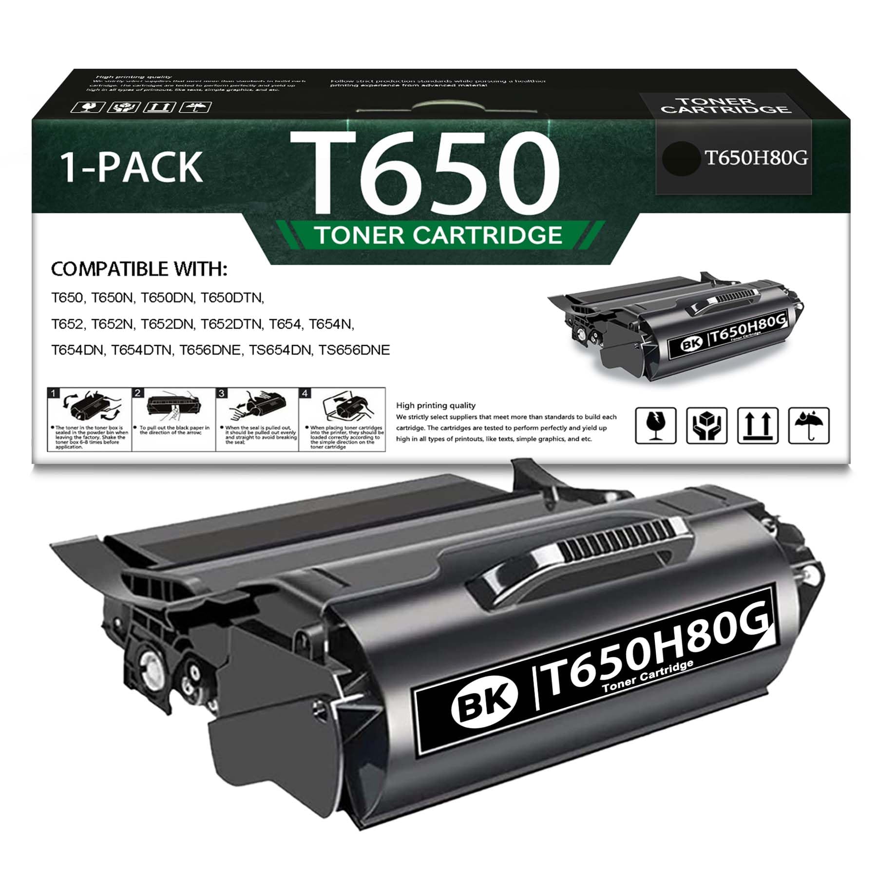 1-Pack Black T650 T650H80G Toner Cartridge: Compatible T650 T650H80G Replacement for Lexmark T650 T650n T650dn T650dtn T652 T652n T652dn T652dtn T654