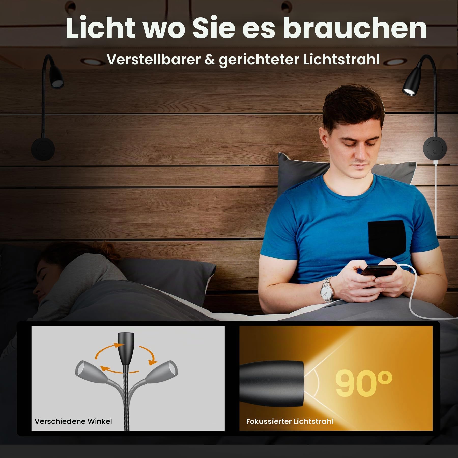 2 Stück 12V LED Leselampe Wohnmobil, 2W Flexible Dimmbar Leuchten 24V Wandmontag mit USB-C 20W für Wohnwagen Camper Boot Van Yacht Lkw Kombi (Schwarz, 4000K)