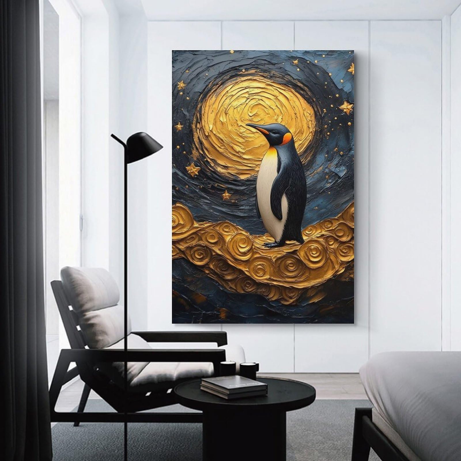 Junmoney Unframe-Style-22 Wall Art Print Penguin In Golden Night Sky, 20X30inch(50X75cm), For Home Lounge, Bedroom Or Reading Nook, Modern Wall Decor For Cosy Interiors