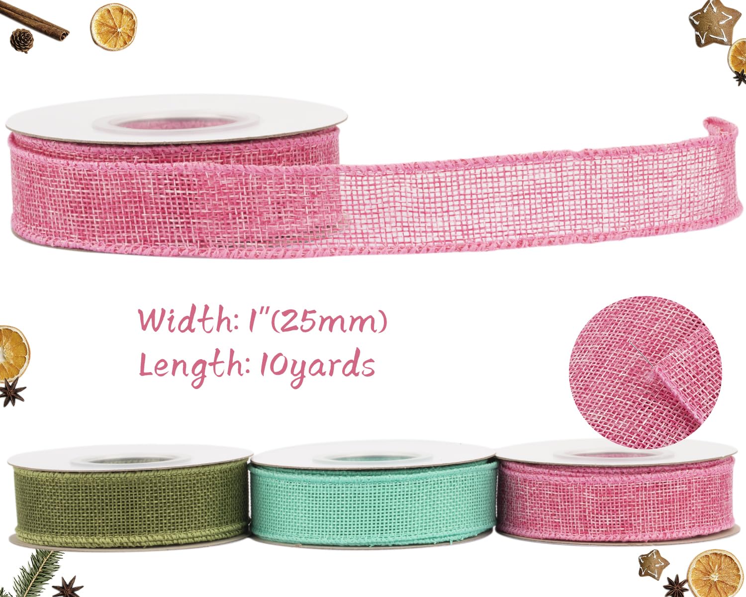 Tekdeere Burlap Ribbon 25mm x 9 Meters, Pink Wired Ribbon for Crafts, Gift Wrapping, Wreaths, Bows, Tree Decoration and Outdoor Decoration - Image 2