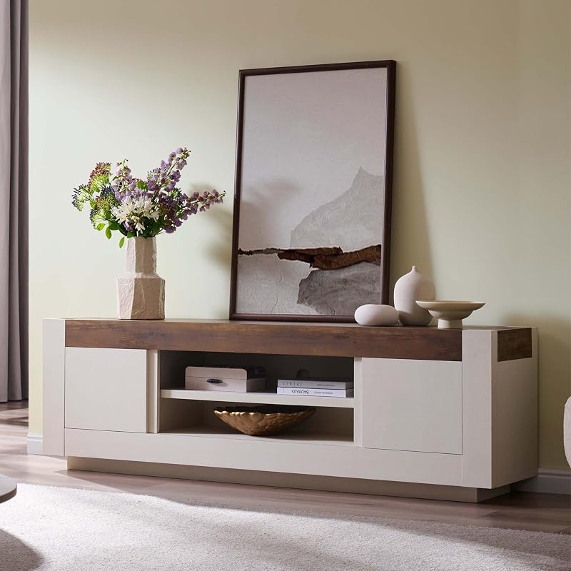 OKD 70" Modern TV Stand for 80" TV, Thick Block Media Console,Antique White image 3