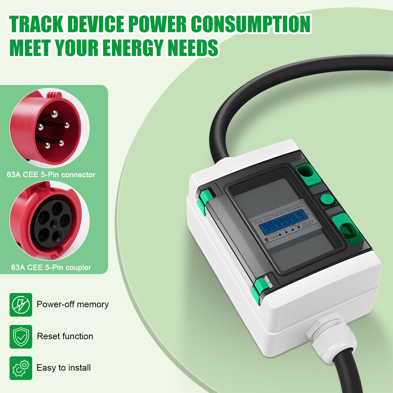 Contatore Elettrico Digitale Mobile portatile trifase 63A misuratore di consumo elettrico Spina CEE 5P 400V Contatore energia elettrica digitale 3 Fase con funzione di reset H07RN-F 5×6mm²cavo IP66
