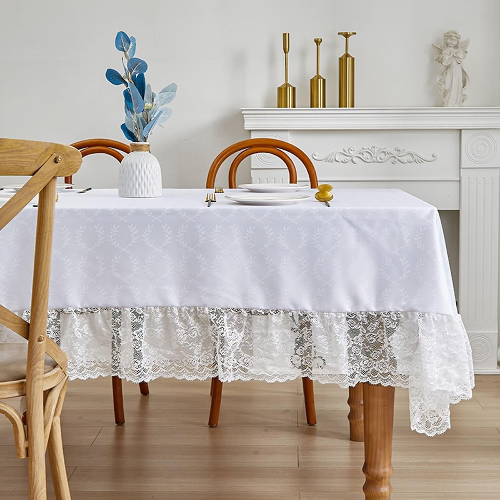 Mantel Terraza Rectangular Blanco, Patrón de Hojas con Encaje, de Poliéster Fácil de Limpiar, 140 x 260 cm, Mantel para Salón