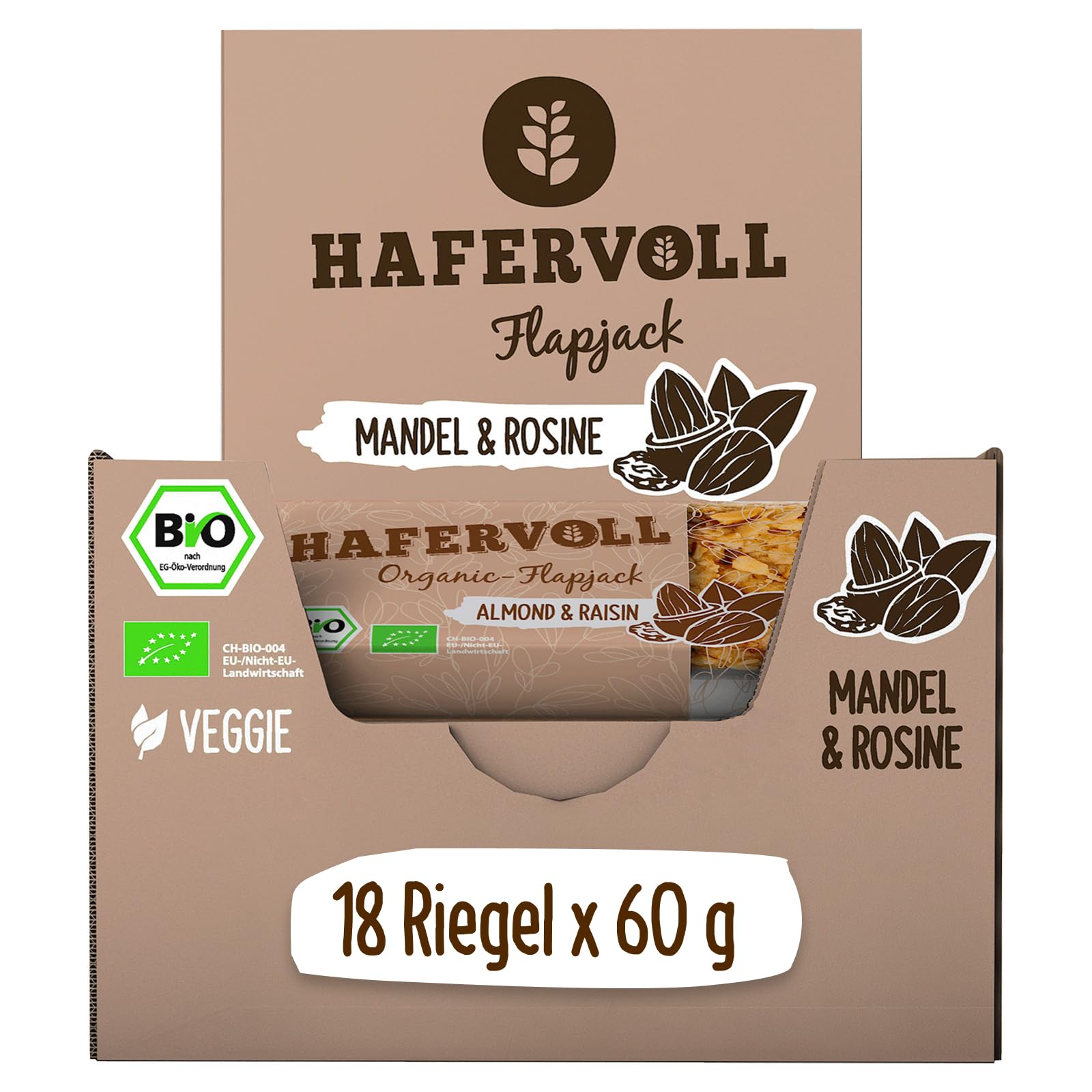 HAFERVOLL Organic Flapjack Almond & Raisin, 18 x 60 g Müsliriegel - Bio-zertifiziert, mit Honig ohne Zusatz von Zucker, Hafer, im Ofen gebacken