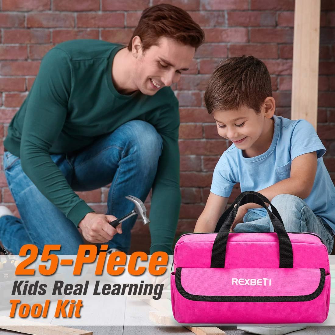 REXBETI 25-Piece Kids Tool Set with Real Hand Tools, Pink Durable Storage Bag, Children Learning Tool Kit for Home DIY and Woodworking
