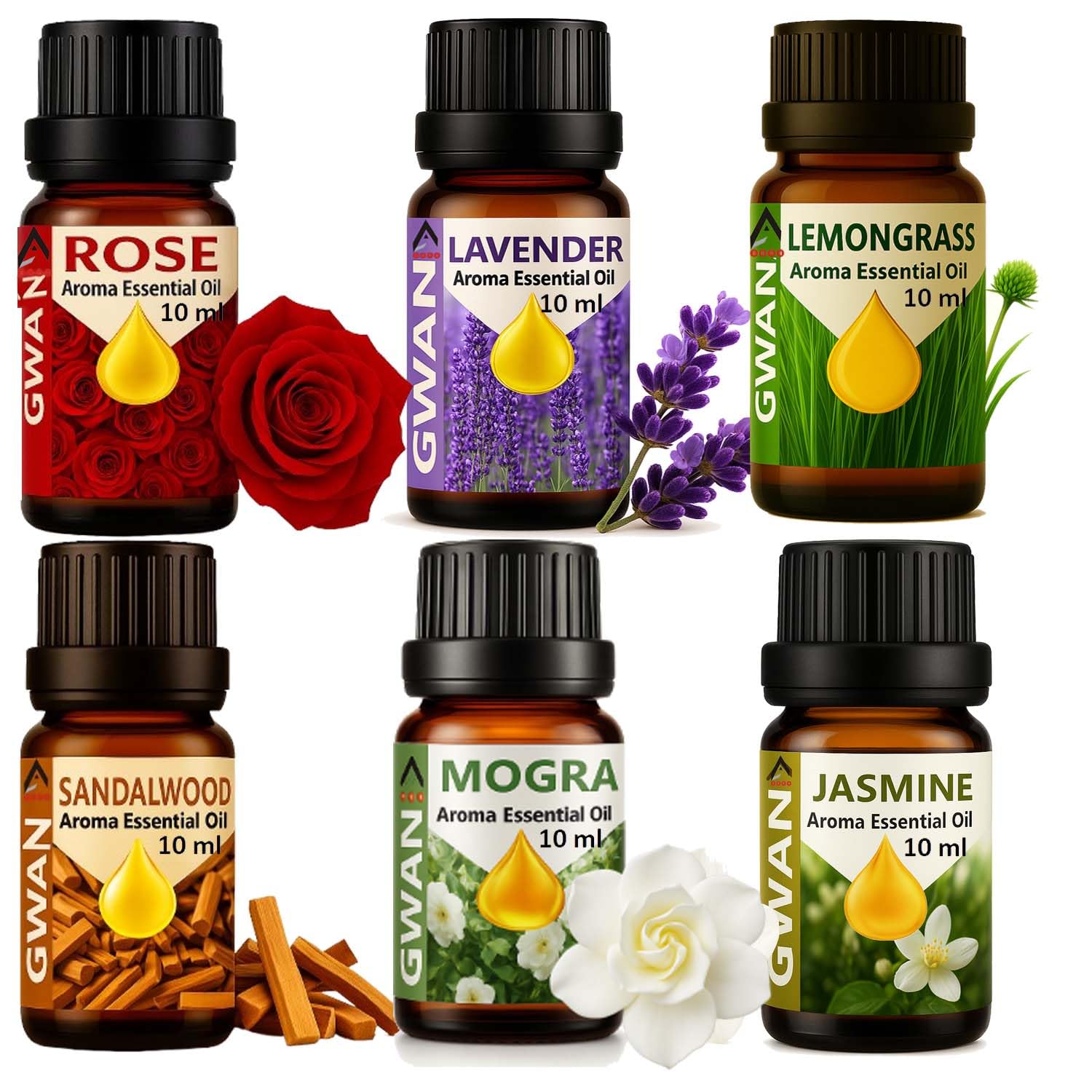 Gwan Aroma Diffuser Oil/Essential oil for home fragrance/essential oil diffuser (Lavender, Lemongrass, Rose, Jasmine, Sandalwood and Mogra), 10 ml Each - Set of 6-image-17