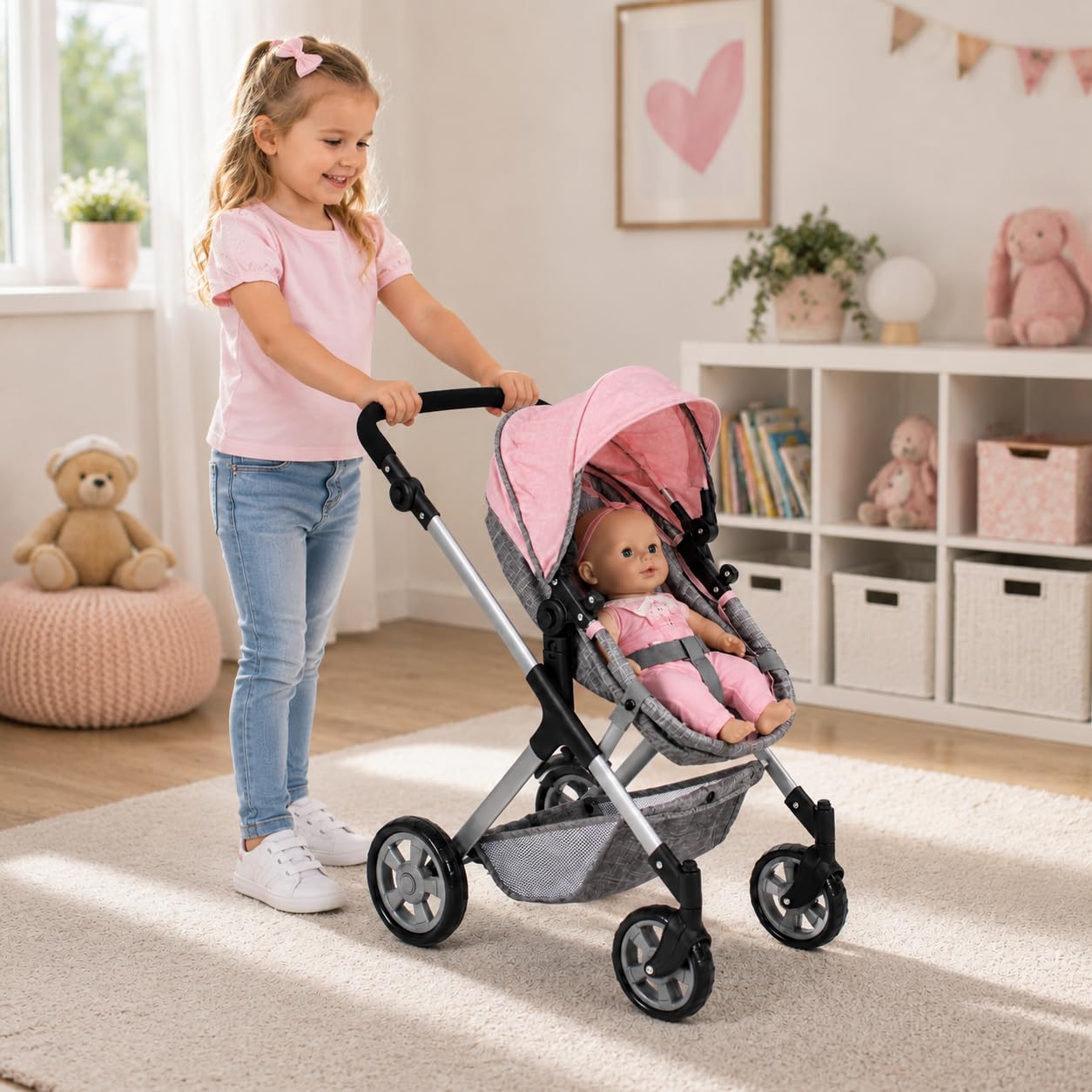 Bayer Chic 2000 Wózek dla lalek 2 w 1 Mila – melanż, szaro-różowy, uchwyt z regulacją wysokości 39-72 cm, nowoczesny stelaż, lalki do 50 cm, 3-7 J.