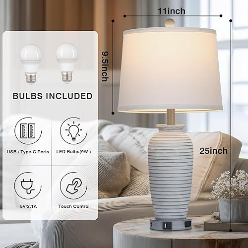 Miniatura 5 de Lámparas de mesa vintage de 25 pulgadas, lámpara de noche rústica individual con puertos USB A+C y salida de CA, lámparas de mesita de noche para