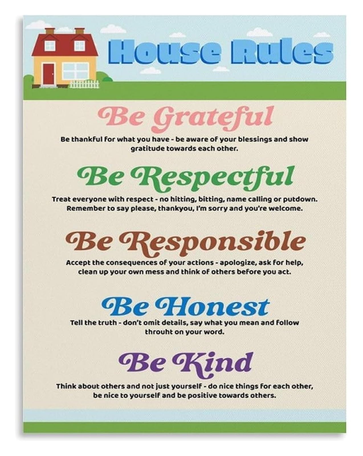 SSOPTMCB Family Values Wall-Art Behavior Sign for Home and Classroom Decor Inspirational Grateful Honest Kind Respectful Responsible(Framed,16x24inch(40x60cm))