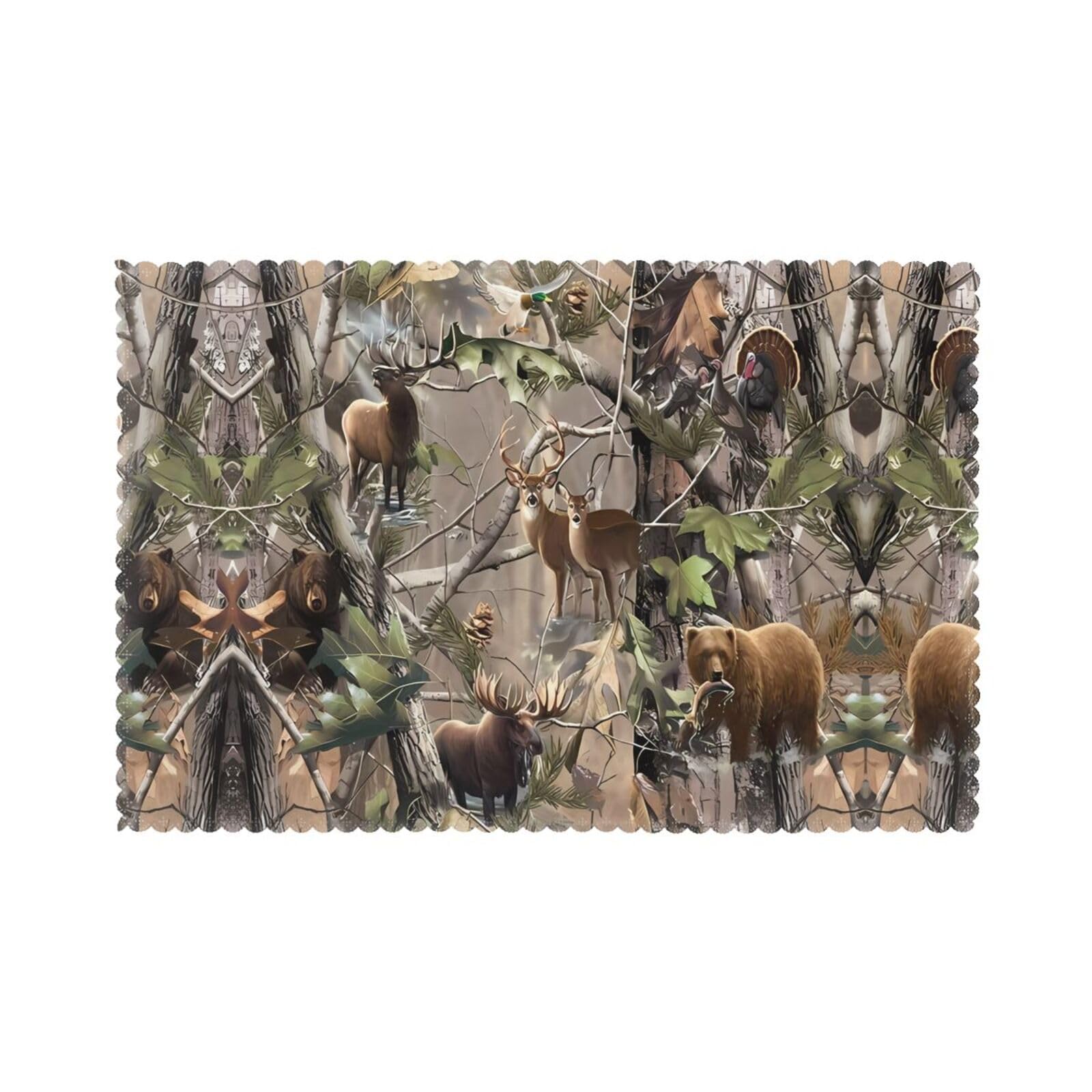 HJFCZH Wildlife Hunting Deer Bear Elk Prints Placemats Set of 6 12x18in – Durable Table Layers with Heat-Resistant & Stylish Prints