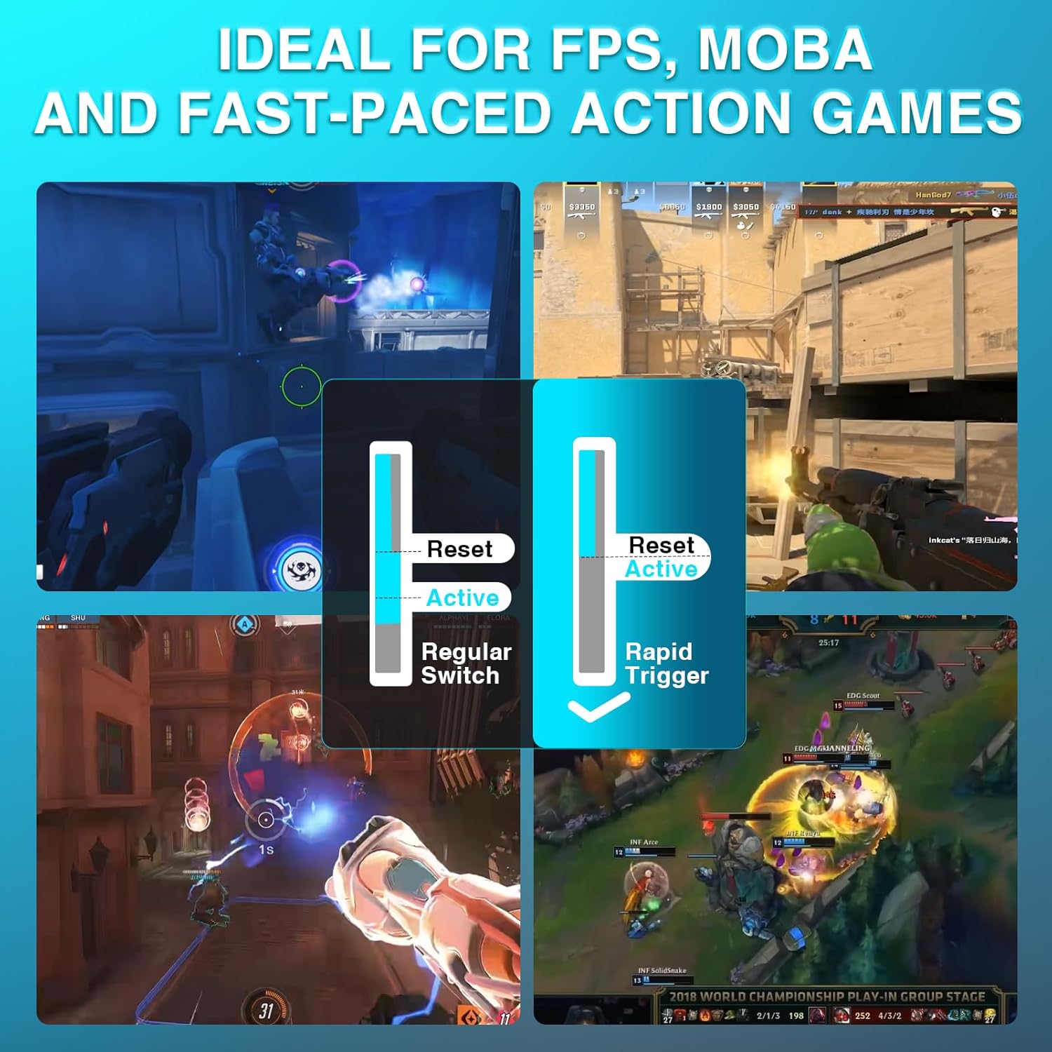 Comparison of regular switch vs. rapid trigger in gaming scenarios, showing enhanced responsiveness for FPS, MOBA, and fast-paced action games.
