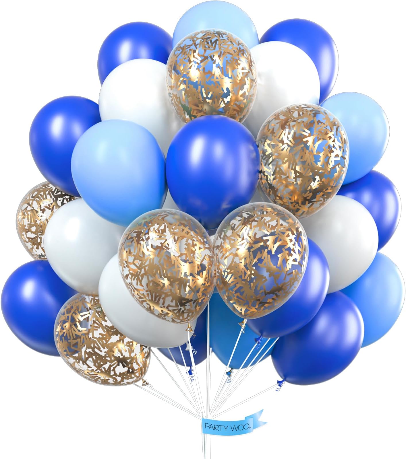 PartyWoo Blue and White Balloons, 70 pcs 12 inch Royal Blue Balloons, Baby Blue Balloons, Gold Glitter Balloons, Blue and Gold Balloons, Blue White Gold Balloons for Blue and Gold Party Decorations
