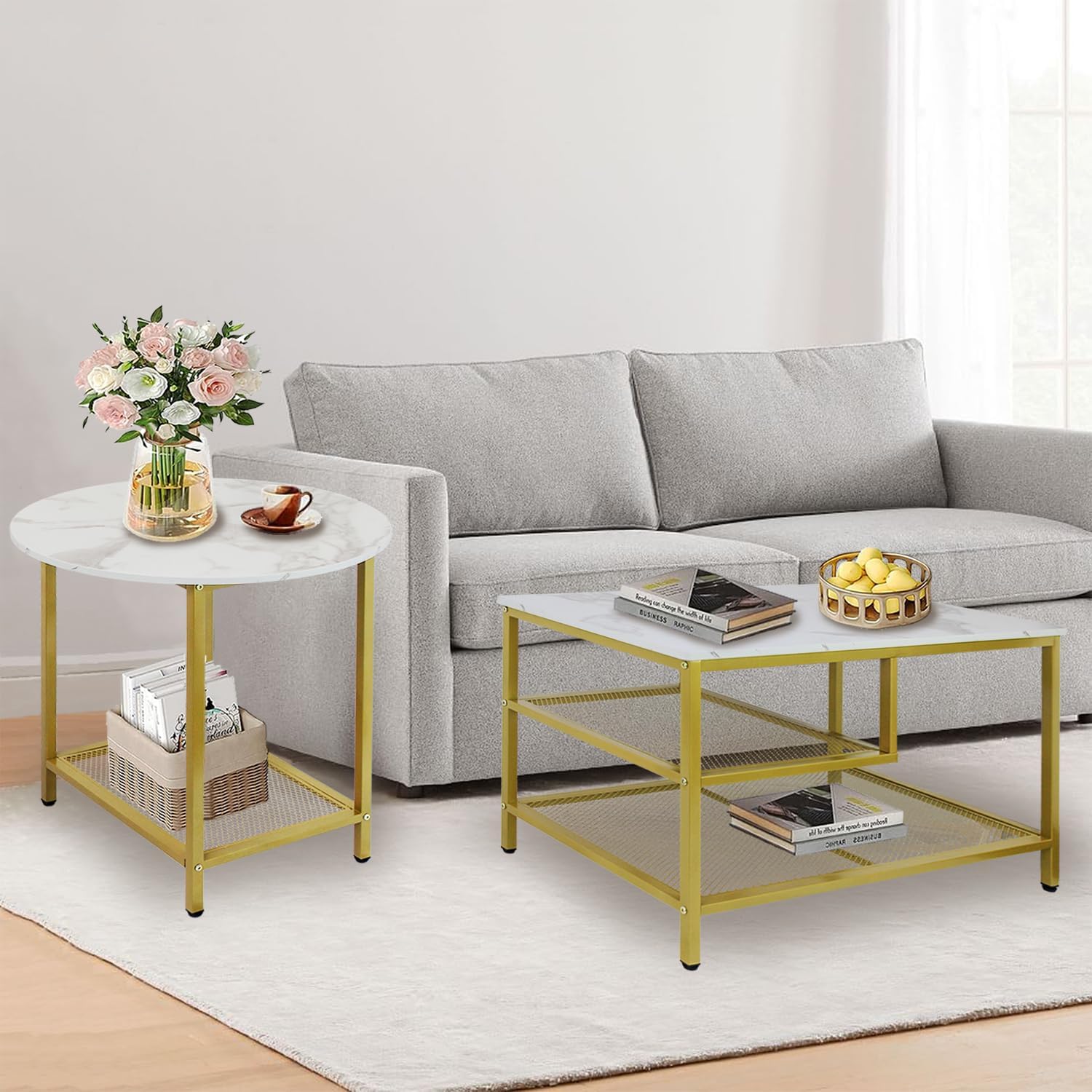 AT-VALY Nesting Table Set of 2, Modern Round End Table & Rectangular Coffee Tables for Living Room Apartment (Gold)