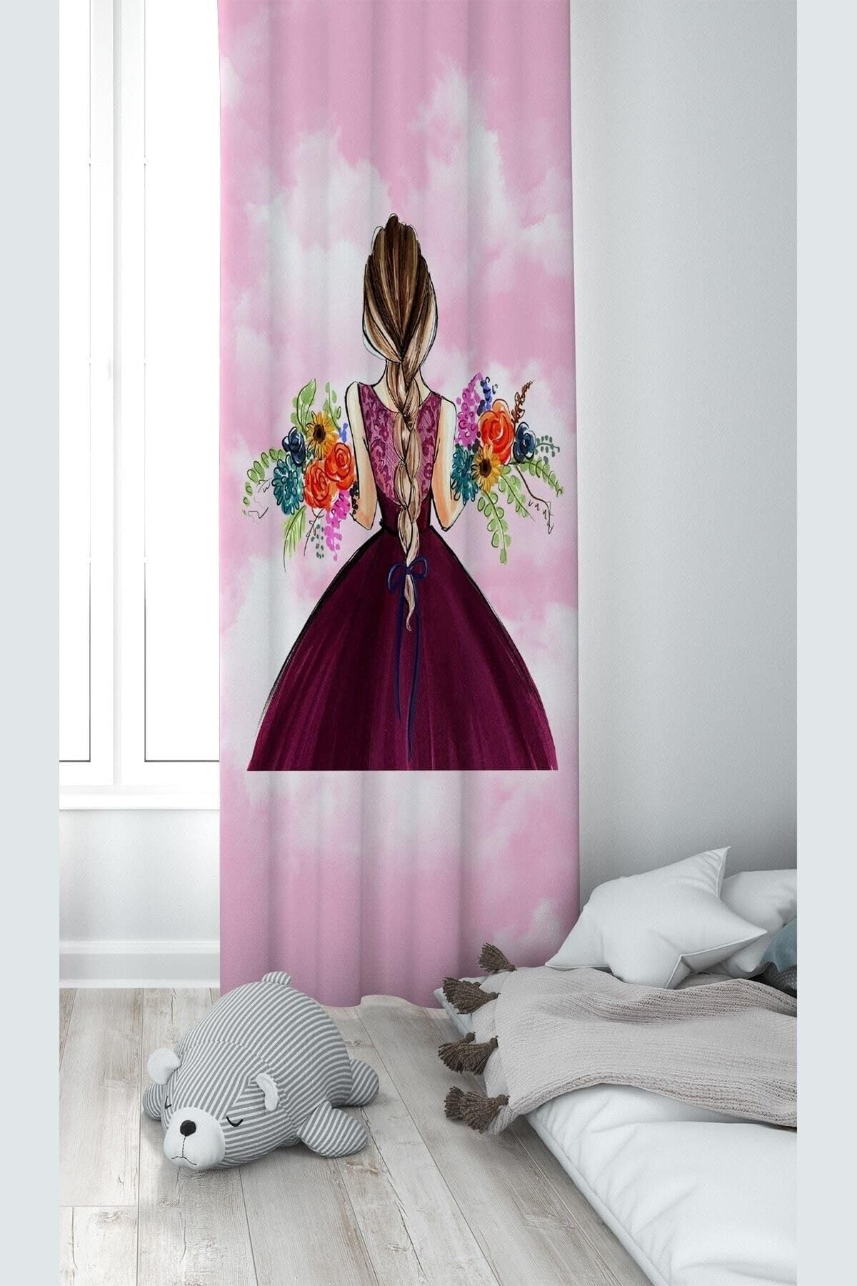 Pelangi Pembe Prenses Desenli Dijital Baskı Yıkanabilir Bebek Çocuk Odası Fon Perdesi, pembe 140 x 240