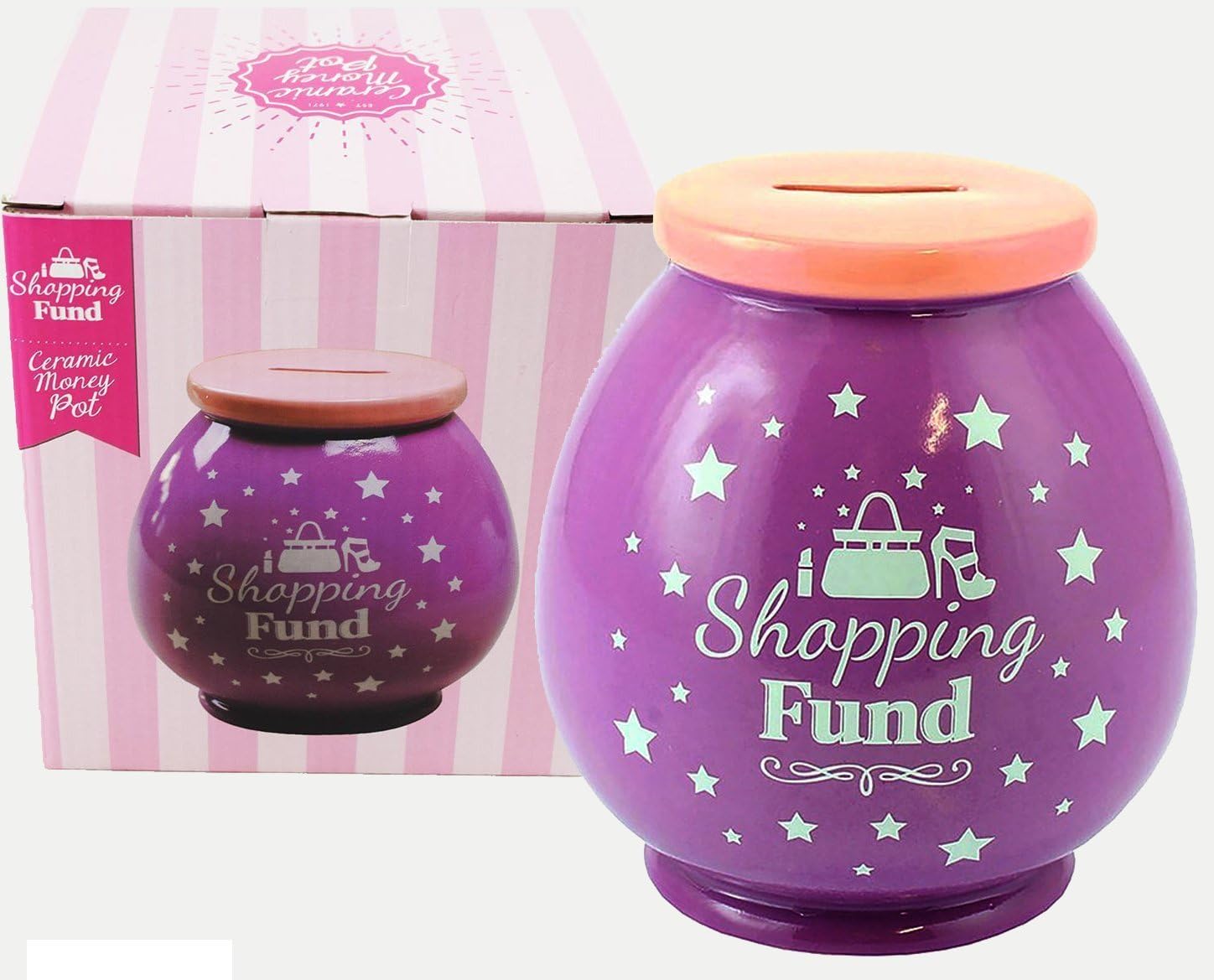 Shopping Fund Ceramic Money Pot, Lilac Purple, Glazed, Boxed Gift Savings Box Especially for Her