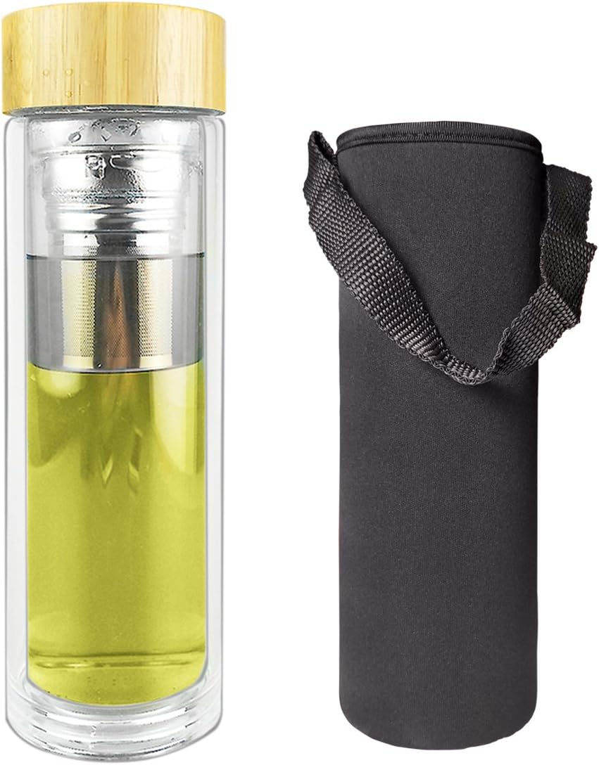 Tea Tumbler with Infuser Glass Bottle with Bamboo Lid | Fruit Infusion |14oz Clear Spill-proof Double-wall Glass Travel Mug Coffee Cool Bottle with Loose Leaf Strainer / Filter