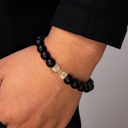 Handmade Black Dumbbell Bracelet Gym Bros Fitness Barbell Bracelet Natural Volcanic Lava Stone Adjustable Beads Bracelet Fitness Jewelry for Women