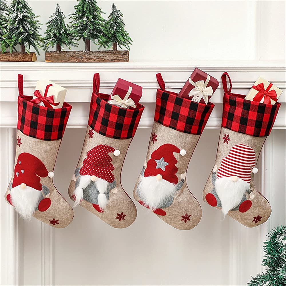 Calze natalizie a forma di gnomi con motivo a forma di sacchetto regalo per camino, decorazione per albero di Natale, 45,7 cm, 4 pezzi