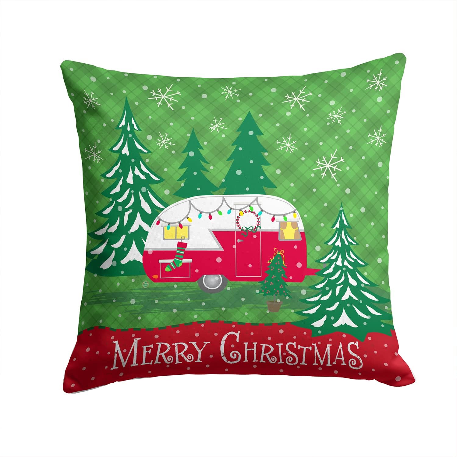 Caroline's Treasures VHA3018PW1414 Christmas Vintage Glamping Trailer Fabric Decorative Pillow Machine Washable, Indoor Outdoor Decorative Pillow for Couch, Bed or Patio, 14Hx14W