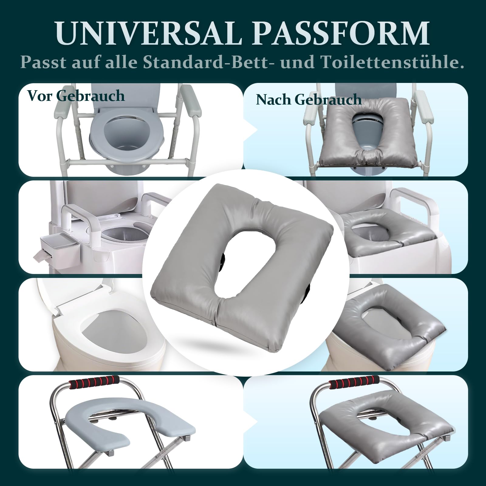 Sitzauflage für Toilettenstuhl & Duschstuhl/Komfort Toilettensitzerhöhung/Anti-Dekubitus kissen/Wärmend, waschbarer PU-Bezug, Fixiergurte - Für Senioren, Schwangere