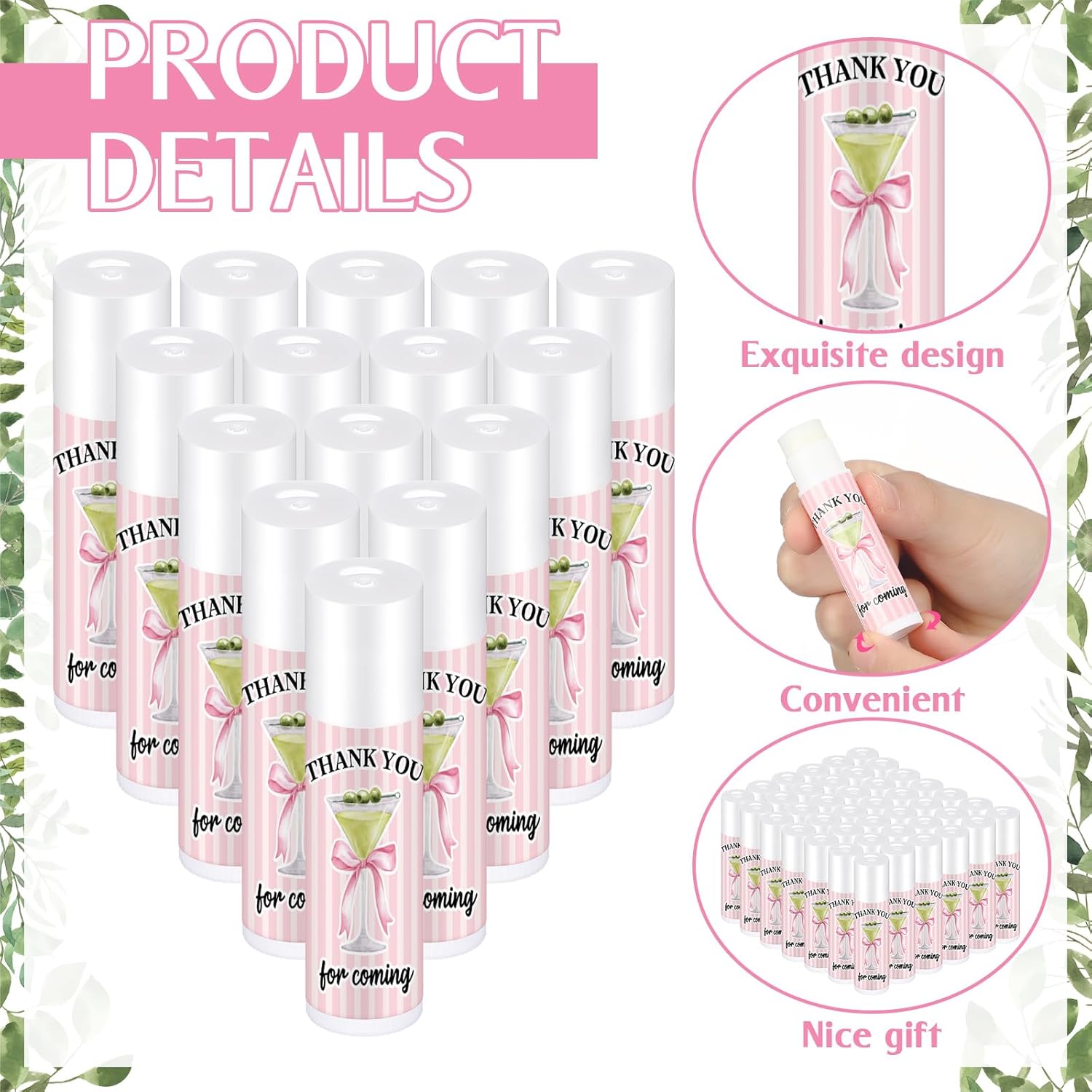 50 Set Wedding Thank You Gifts, Thank You Lip Balm Bulk Retractable Ballpoint Pen Appreciation Card Organza Drawstring Gift Bag Bridal Shower Gift for Guest Wedding Party(Martini Theme)