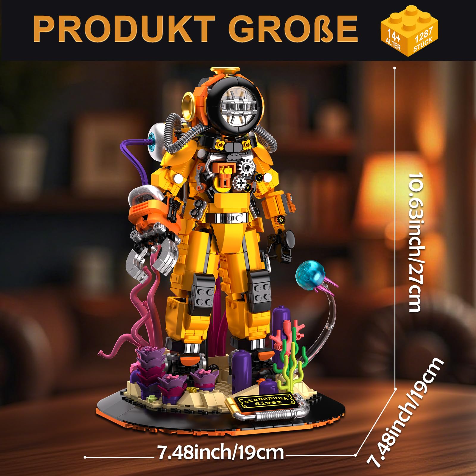 Steampunk Taucher Bausteine Set für Erwachsene und Jugendliche ab 14+, Tiefseetaucher Klemmbausteine Spielzeug Modell mit Ständer, Kreatives Geschenk für Mädchen Jungen(1287 Stück)