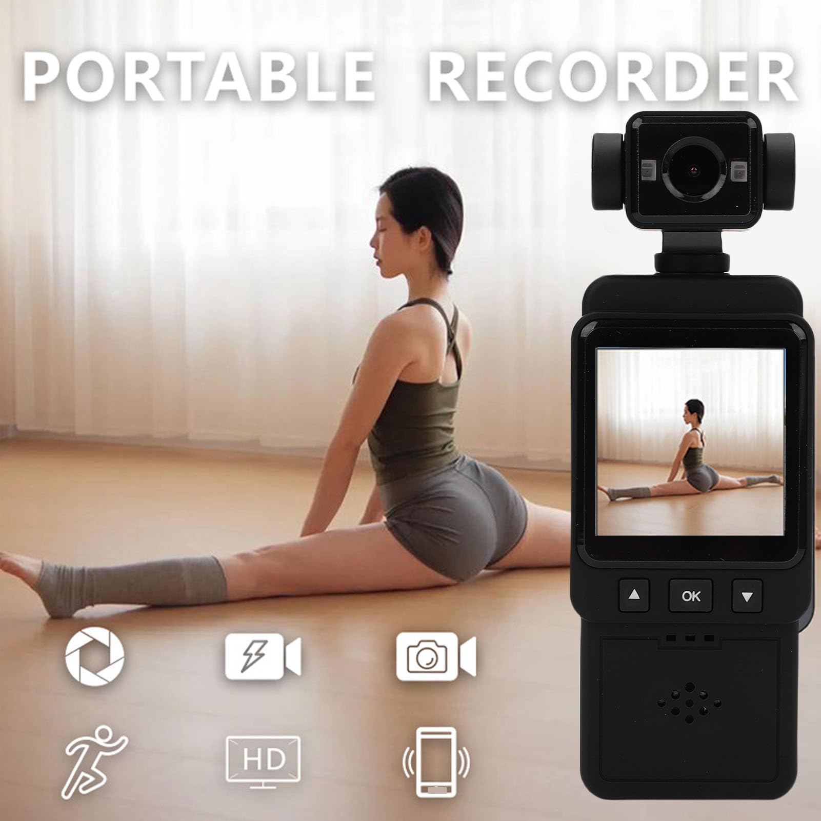 Kieszonkowa Kamera HD, Przenośna Kamera do Nagrywania Wideo 1080P z Wyświetlaczem 1,54 Cala, 3-osiowa Stabilizacja, WiFi, Nagrywanie w Pętli, Zwolnione Tempo, do Uprawiania (Bez karty pamięci)