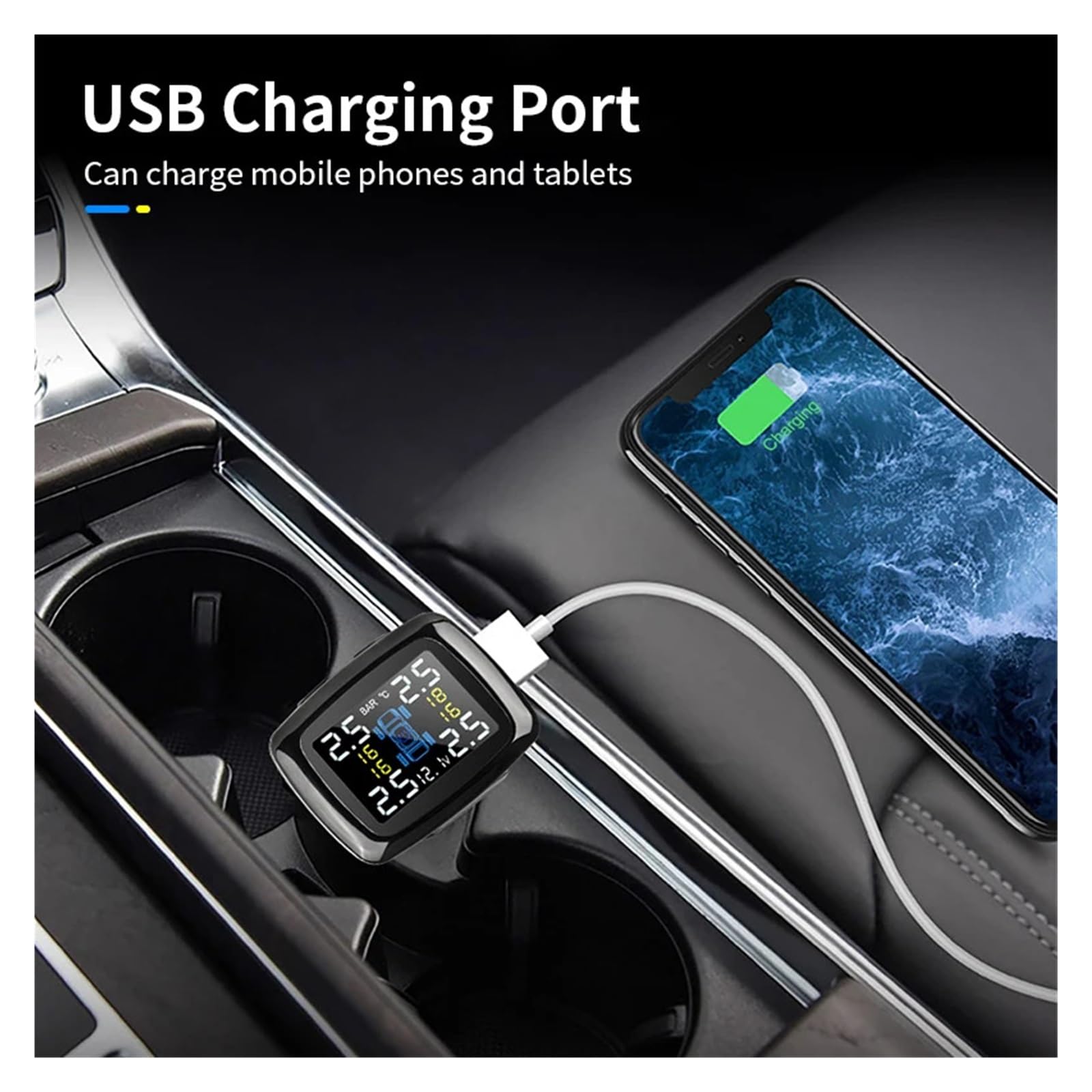 Smart Car TPMS di Allarme for Pressione Pneumatici Regolabile con Angolo Accendisigari Aggiornato Accessori Moto USB Rilevamento Preciso(Internal Sensors,TY-D10)