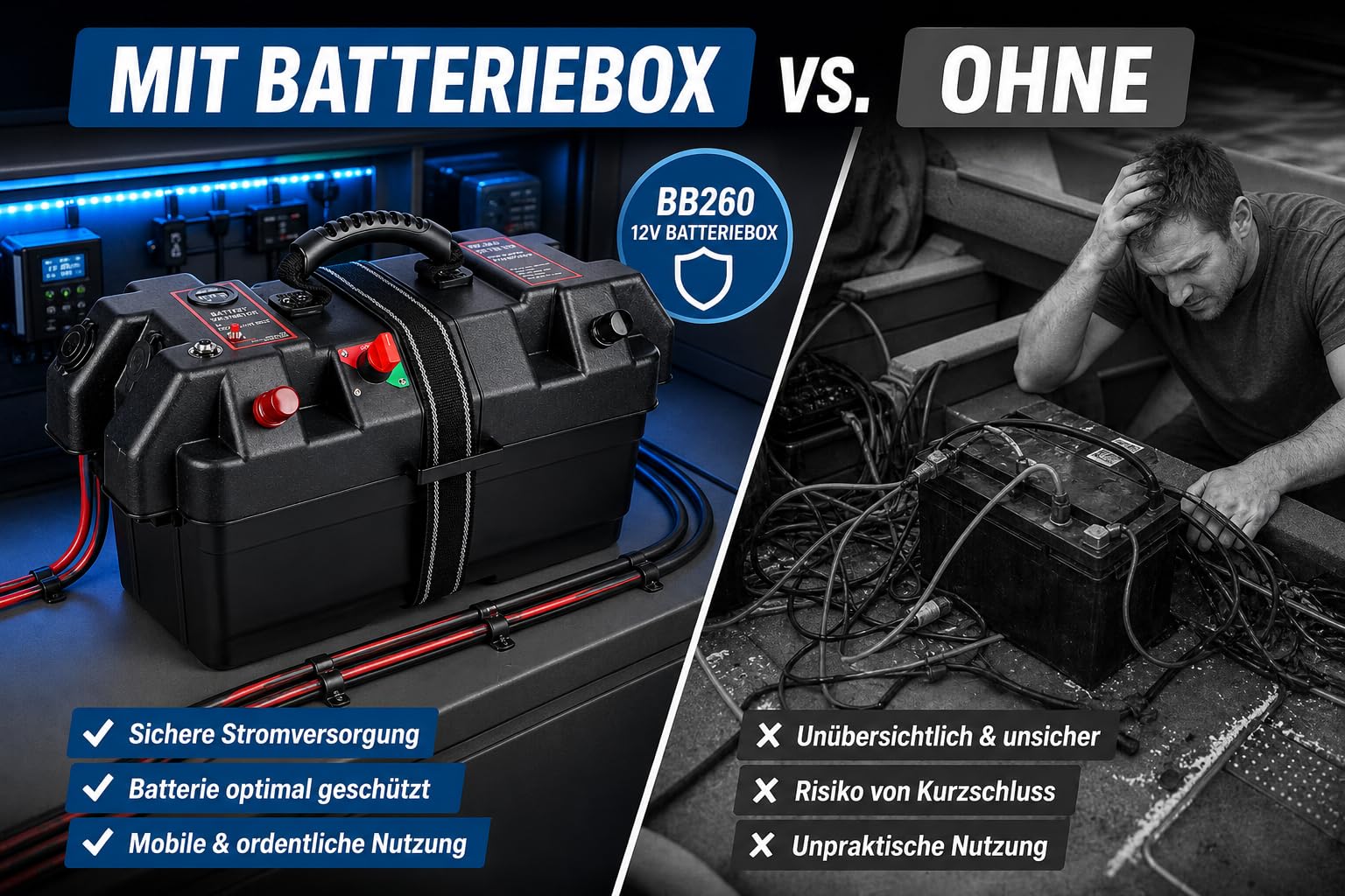NEMAXX® BB260 Skrzynka akumulatora 12V z woltomierzem, wyłącznikiem głównym, gniazdem 12V, 2x USB, wyłącznikiem 16A, biegunami plus/minus oraz pasem mocującym – do kempingu, łodzi, kampera i offgrid