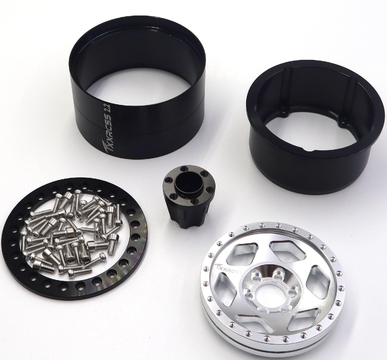 MOHERO Lot de 4 jantes en alliage Beadlock 1/10 RC de 5,6 cm pour voiture Crawler Axial Wraith Rock Car – Lot de 4 (noir + argent