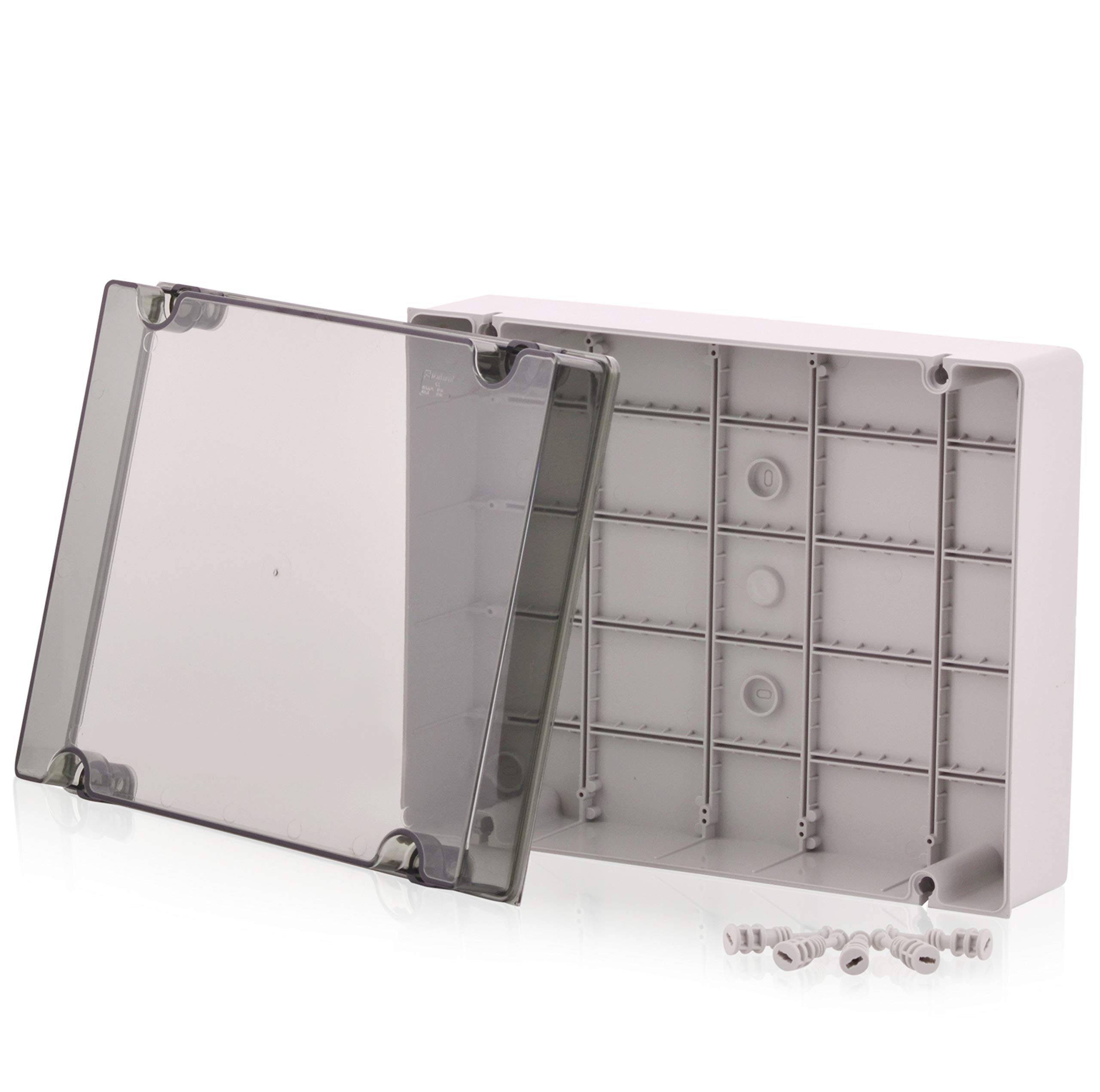Intratec caja industrial 380x300x120mm, plástico, IP65, con tornillos de bisagra, incluye placa de montaje y prensaestopas