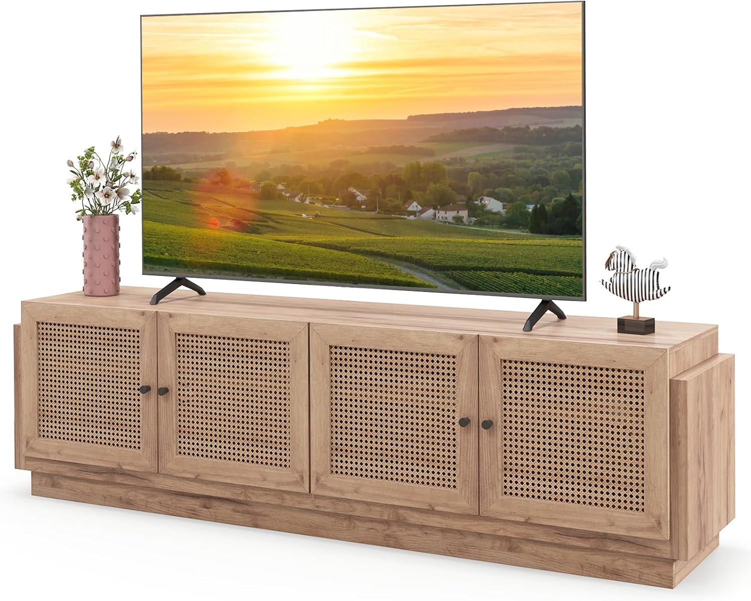 Tangkula Farmhouse TV Stand for TVs Up to 75-Inch, PE Rattan Entertainment Center with Storage and Adjustable Shelves, Mid Century Modern TV Console with 2 Cabinets and 8 Cable Holes for Living Room