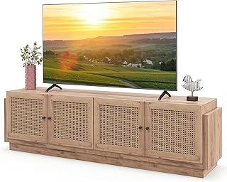 Tangkula Farmhouse TV Stand for TVs Up to 75-Inch, PE Rattan Entertainment Center with Storage and Adjustable Shelves, Mid Century Modern TV Console with 2 Cabinets and 8 Cable Holes for Living Room