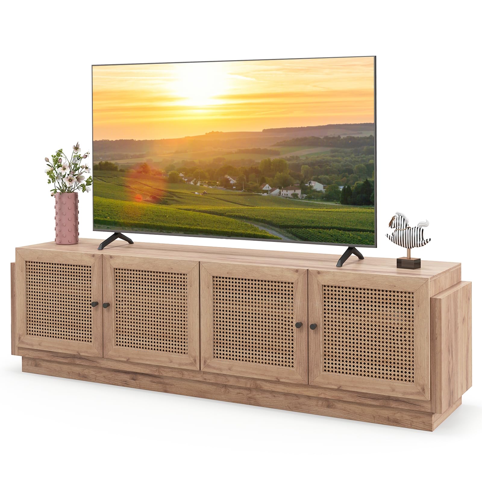 Tangkula Farmhouse TV Stand for TVs Up to 75 Inches, PE Rattan Entertainment Center with Storage and Adjustable Shelves, with 2 Cabinets and 8 Cable Management Holes for Living Room