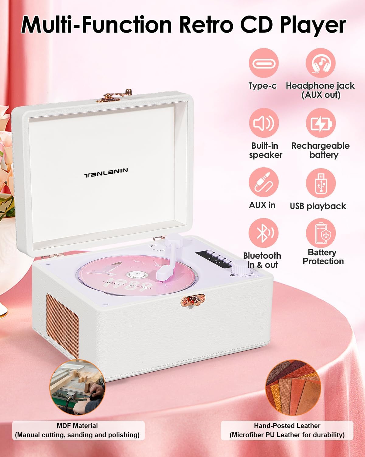Vintage Desktop CD Player with Speakers, Rechargeable Battery, Portable Retro Suitcase CD Player for Home with Bluetooth Out & Input, USB Playback, AUX-in, Headphone Jack, White