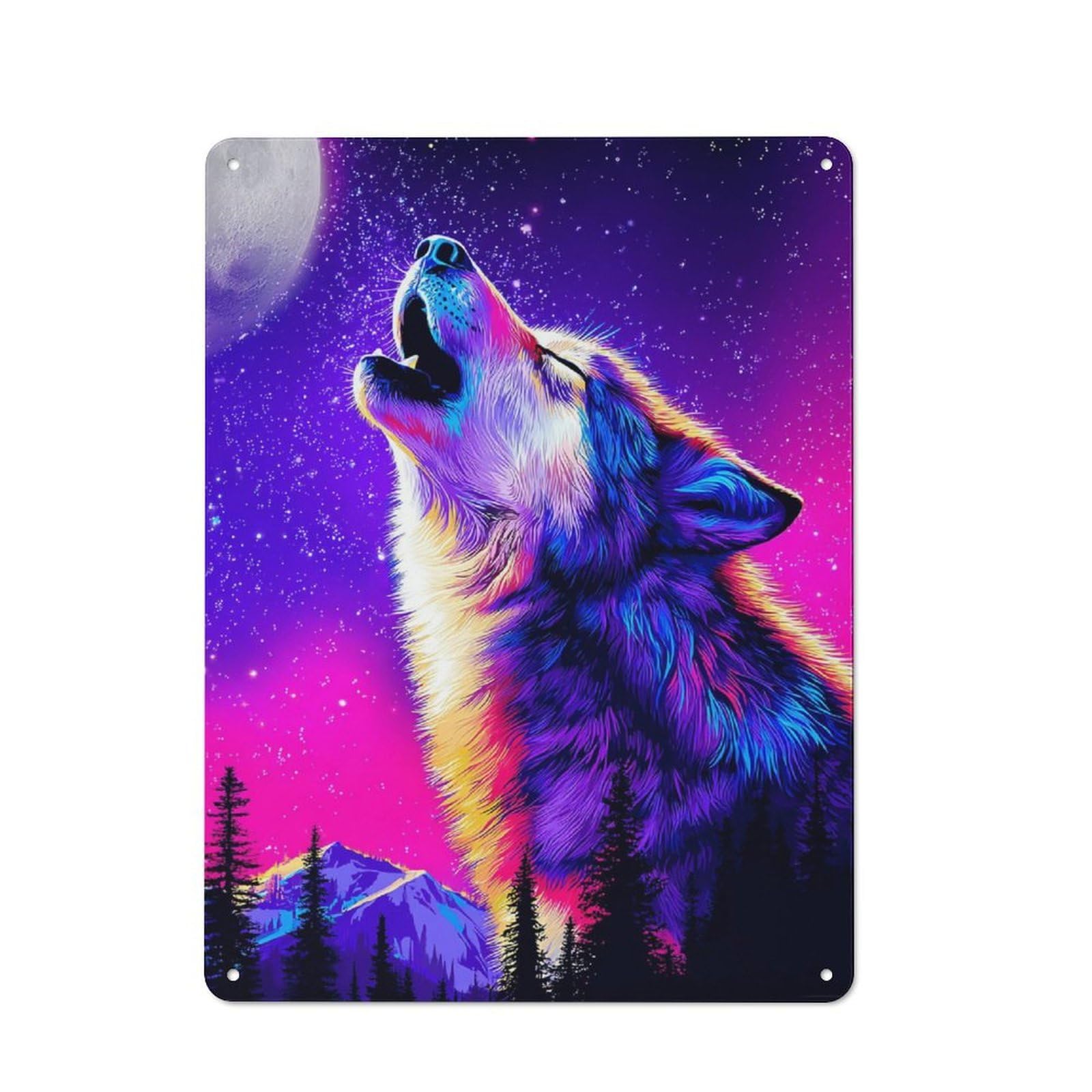 Junmoney Neon Wolf Howling At The Moon -2 Creative Metal Wall Decor 40X30cm, Metal Desk Wall Sign For Hobby Room, Office, Lounge Or Living Room