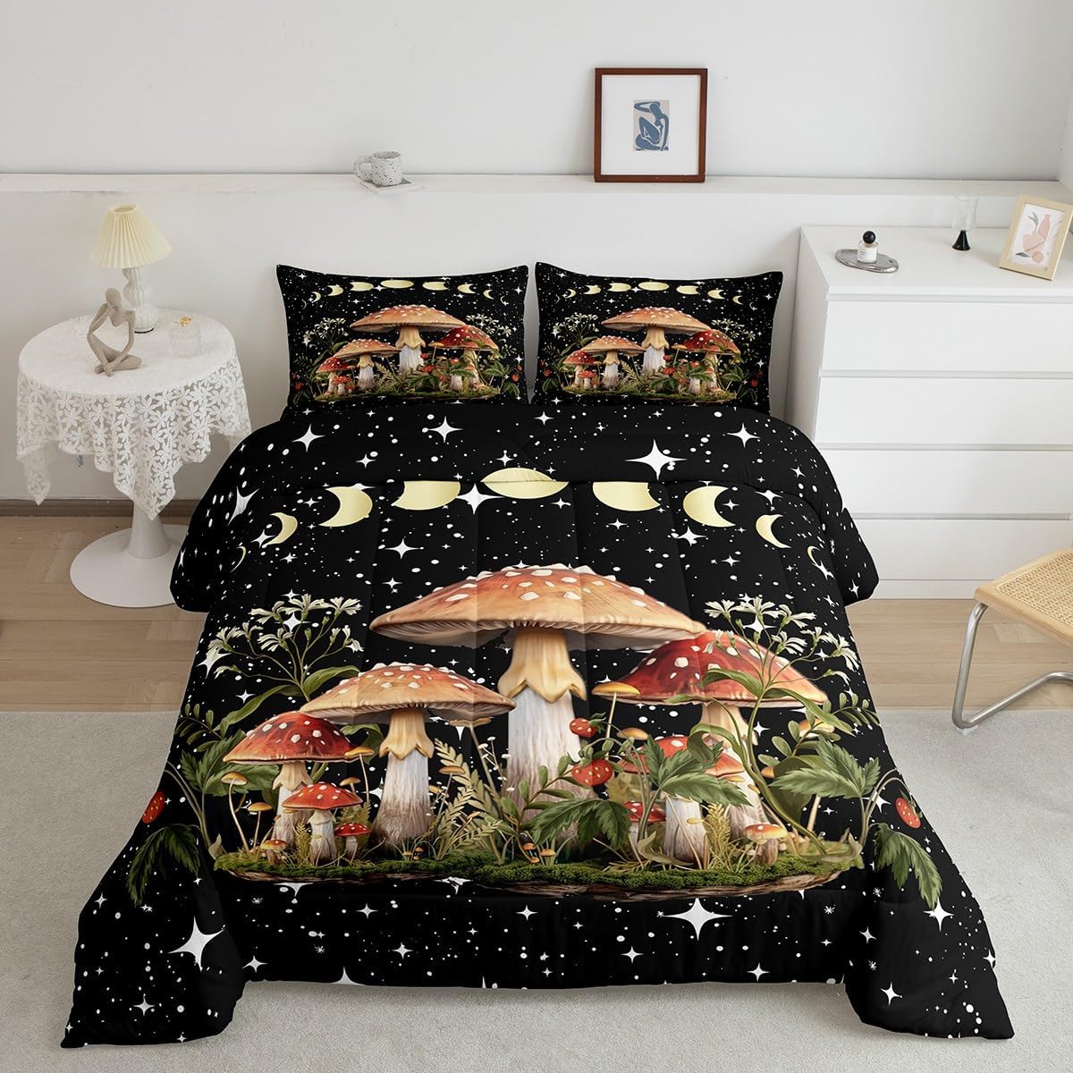 Feelyou Kids Boho Mushroom Reversible Comforter Set King Size Moon Sun Bedding Set for Boys Girls Teens Bedroom Decor Kawaii Fungus Comforter Galaxy Stuff Duvet Set with 2 Pillow Case Multi